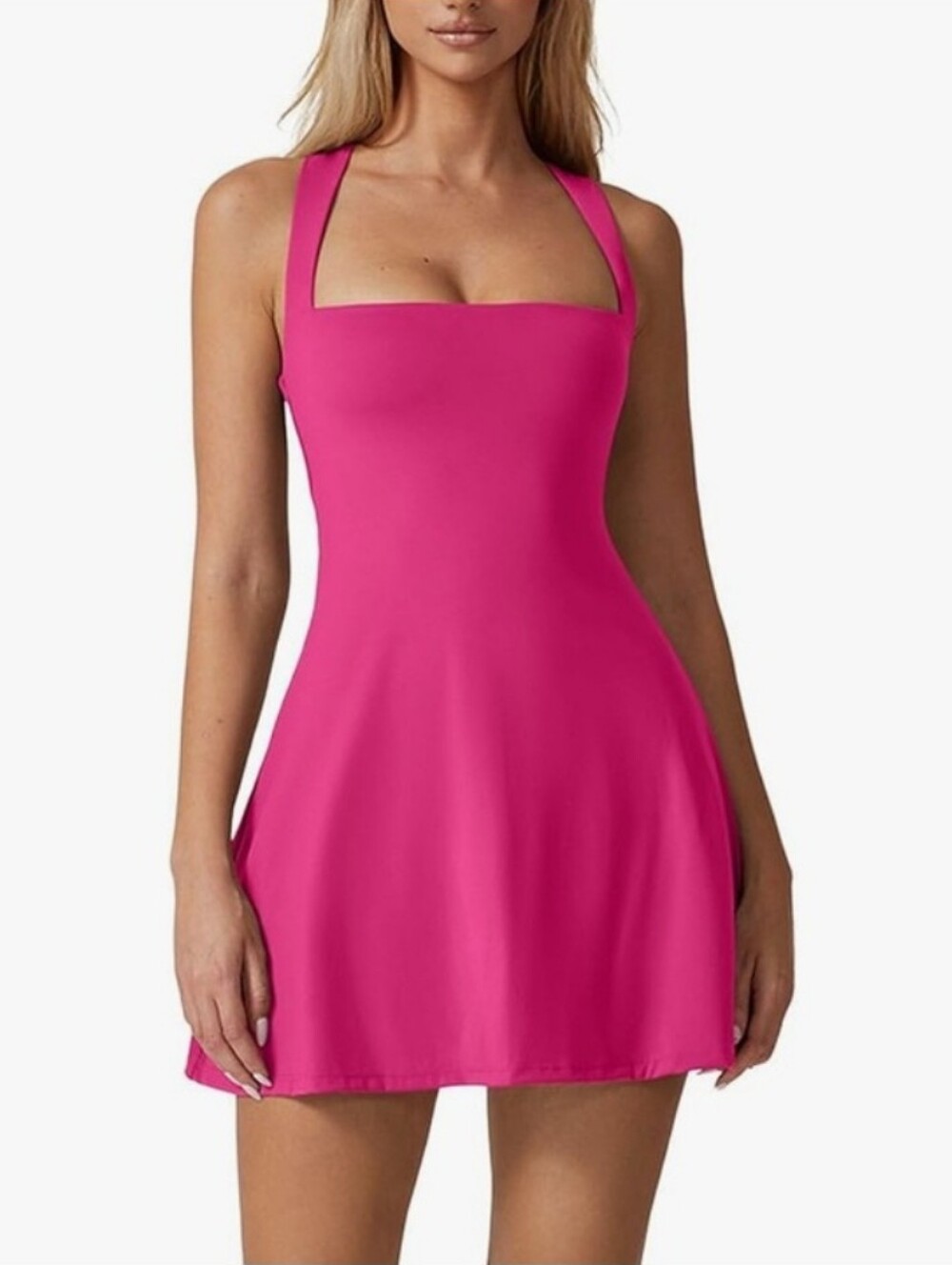 Qinsen Sleeveless Square-Neck FitnessTank Mini dress in Bright Pink Sixe Xl